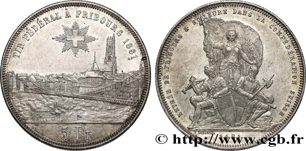 SVIZZERA  5 Francs, monnaie de Tir, Fribourg 1881  SPL 