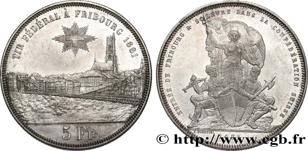 SWITZERLAND 5 Francs, monnaie de Tir, Fribourg 1881  AU 