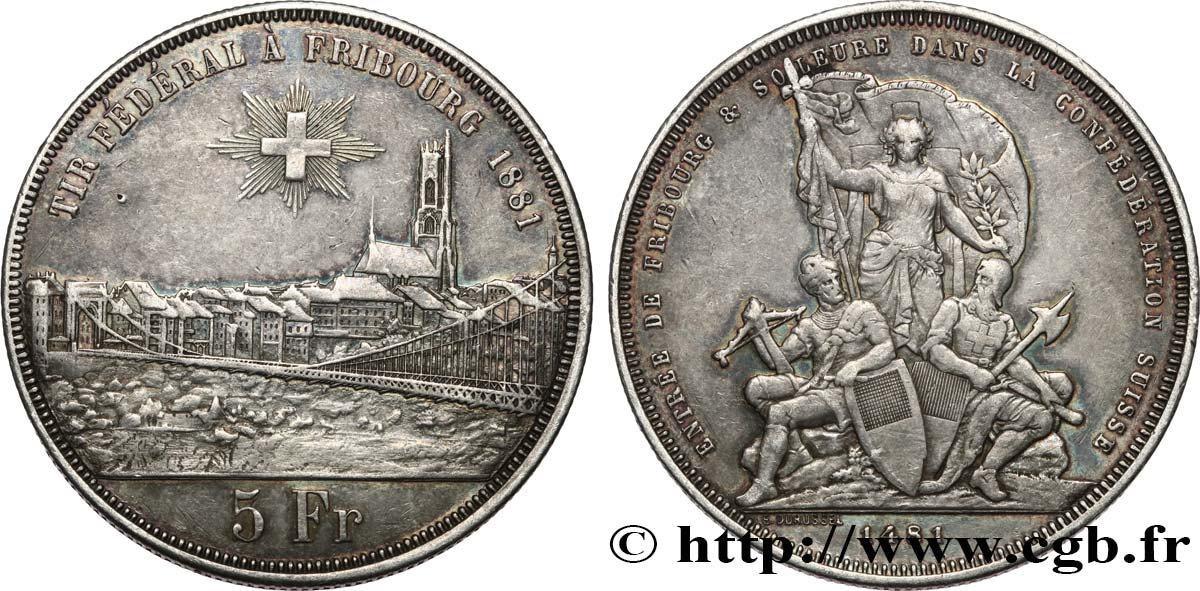 SVIZZERA  5 Francs, monnaie de Tir, Fribourg 1881  q.SPL 