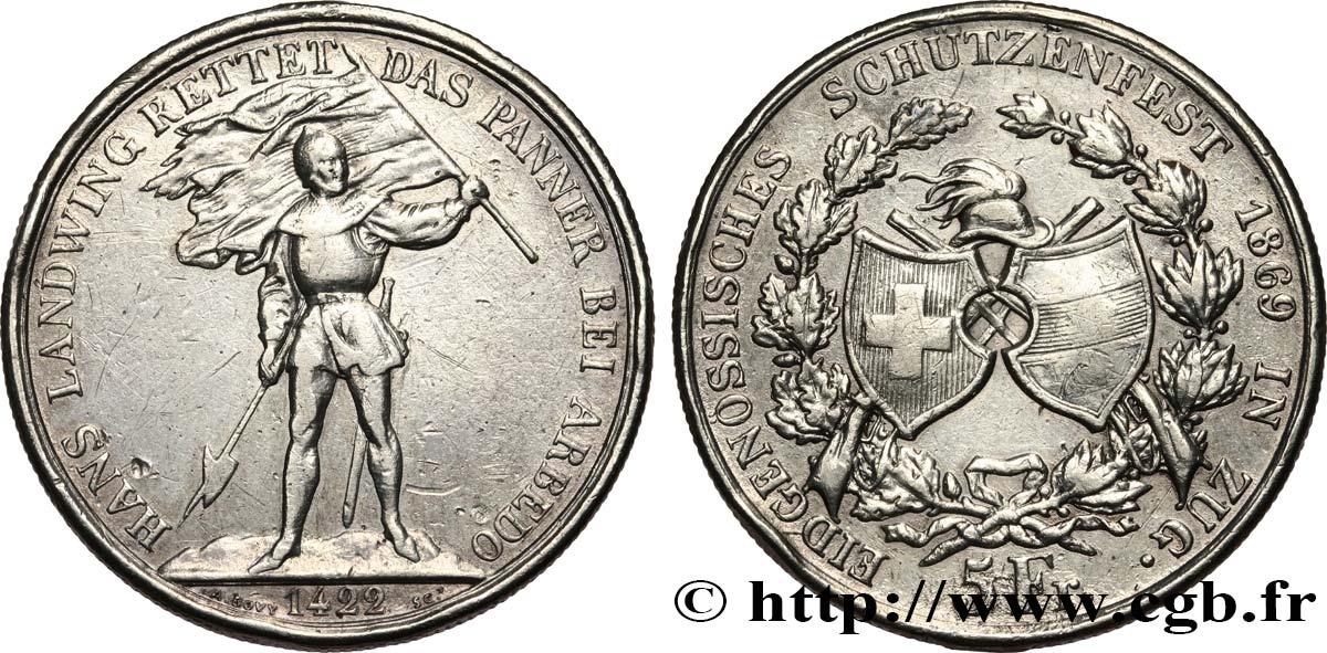 SCHWEIZ 5 Francs, monnaie de Tir, Zoug 1869  SS 