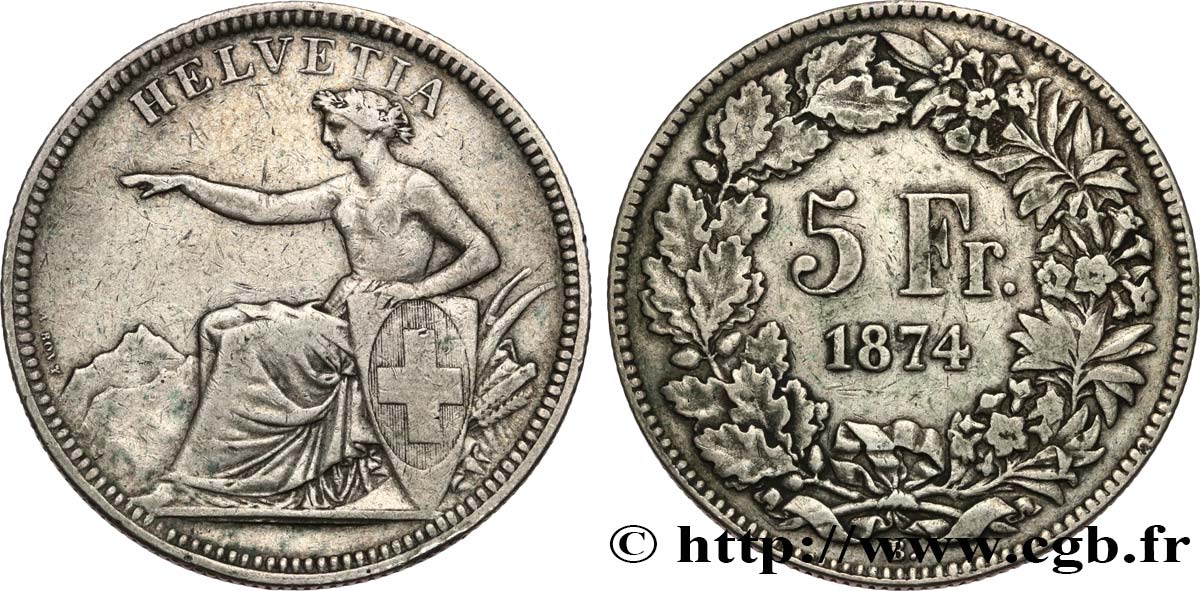 SVIZZERA  5 Francs Helvetia assise 1874 Bruxelles BB 