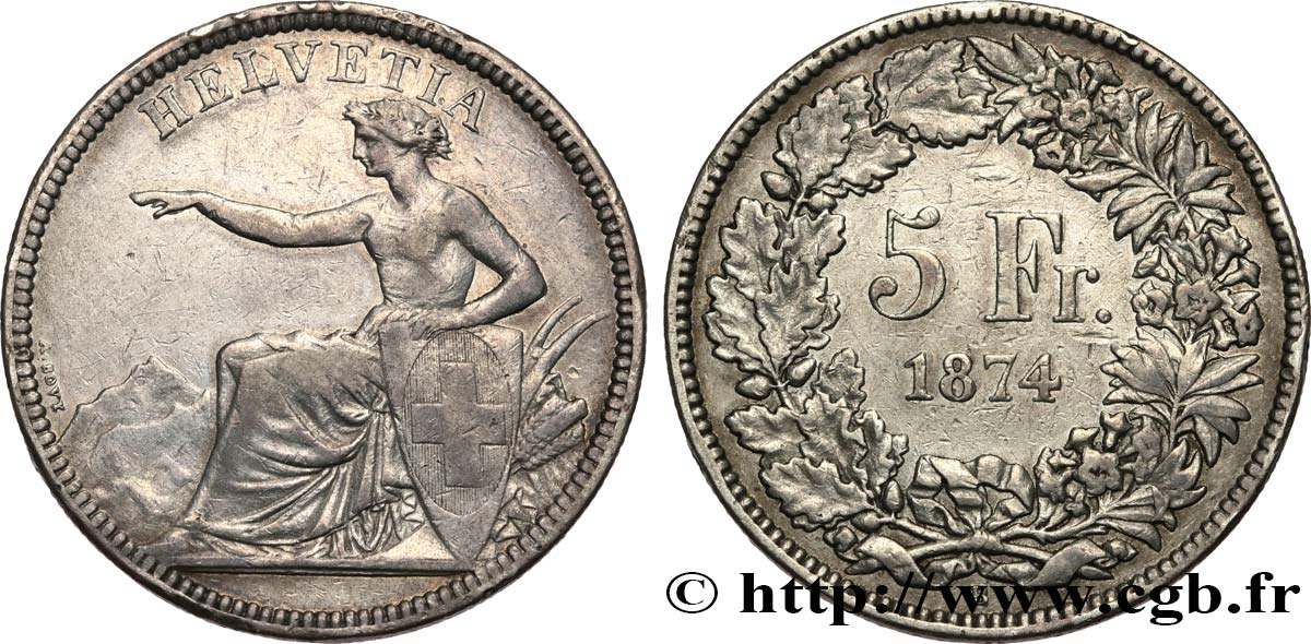 SUISSE 5 Francs Helvetia assise 1874 Bruxelles TTB 