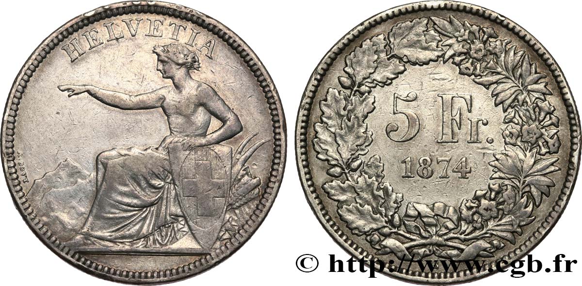 SWITZERLAND 5 Francs Helvetia assise 1874 Bruxelles XF 