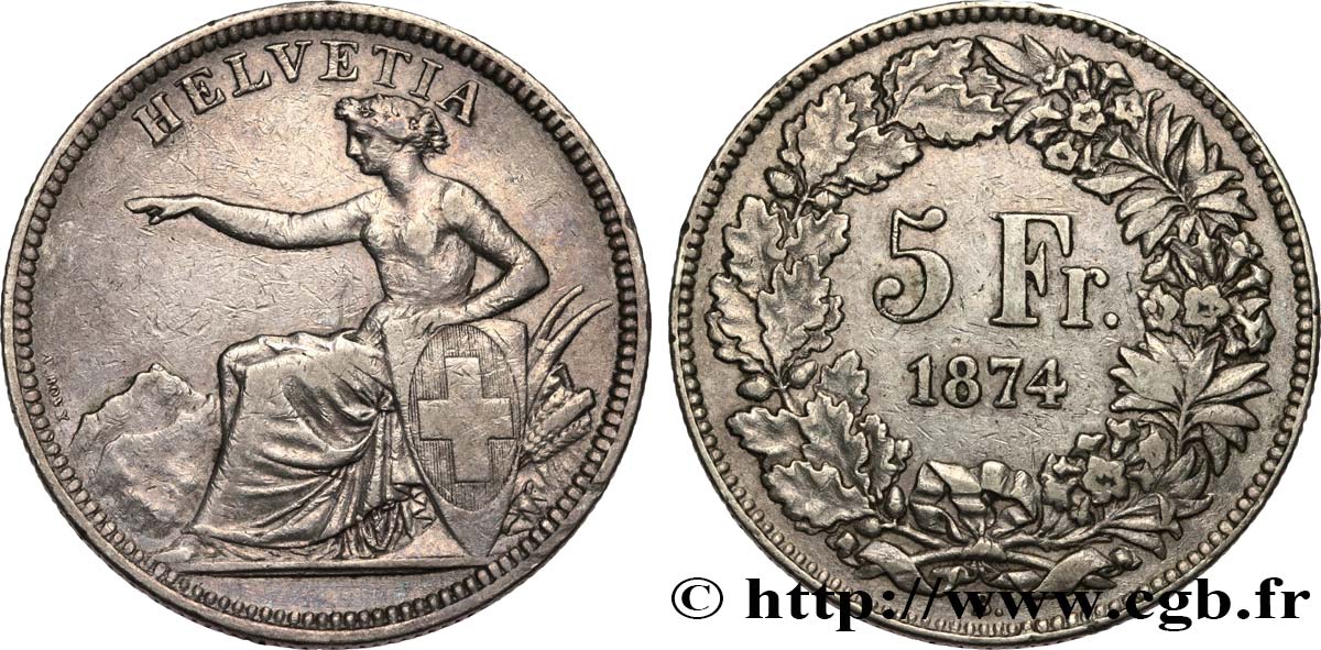 SUISSE 5 Francs Helvetia assise 1874 Bruxelles TTB+ 