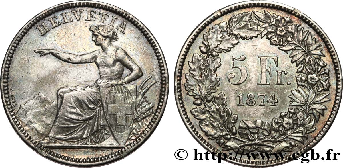 SUISSE 5 Francs Helvetia assise 1874 Berne TTB+ 