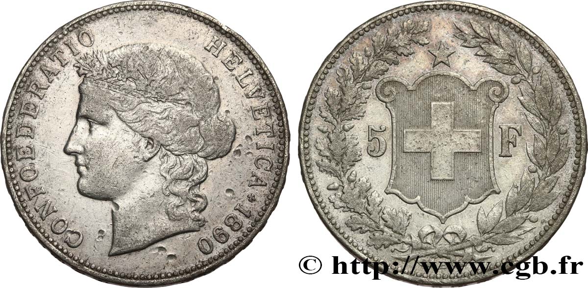 SWITZERLAND 5 Francs Helvetia 1890 Berne XF 