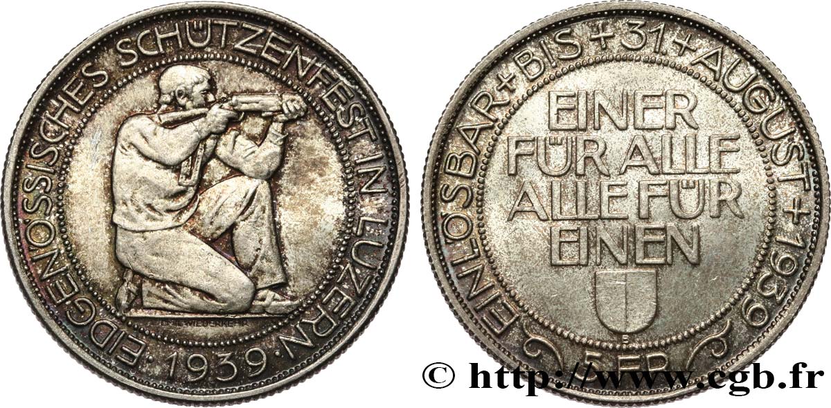 SUISSE 5 Francs Tir de Lucerne (Luzern) 1939 Berne SUP 