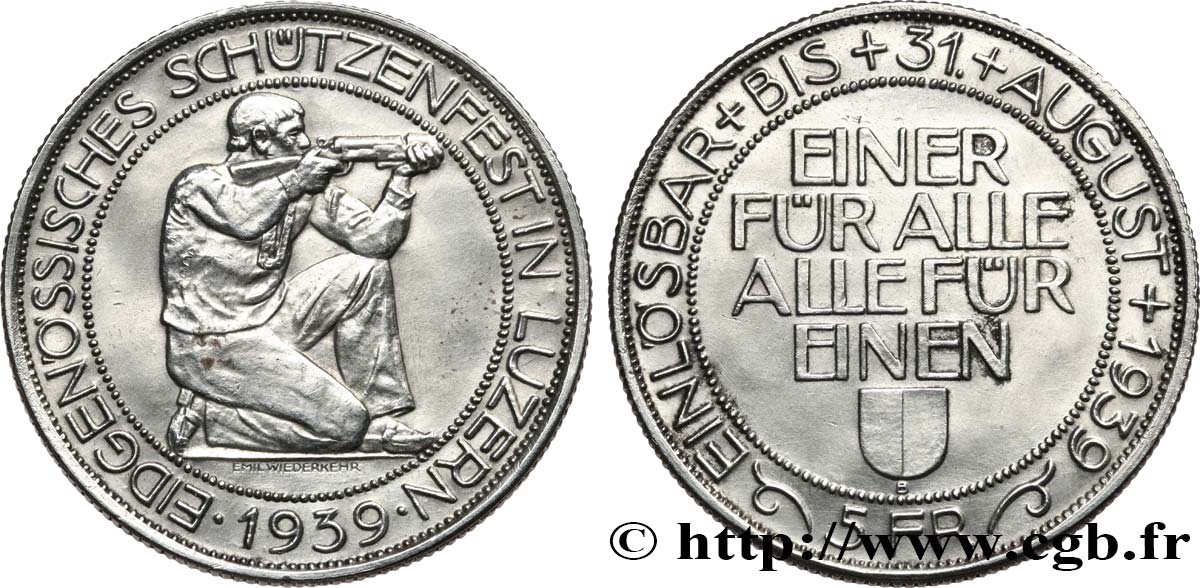 SWITZERLAND 5 Francs Tir de Lucerne (Luzern) 1939 Berne XF 