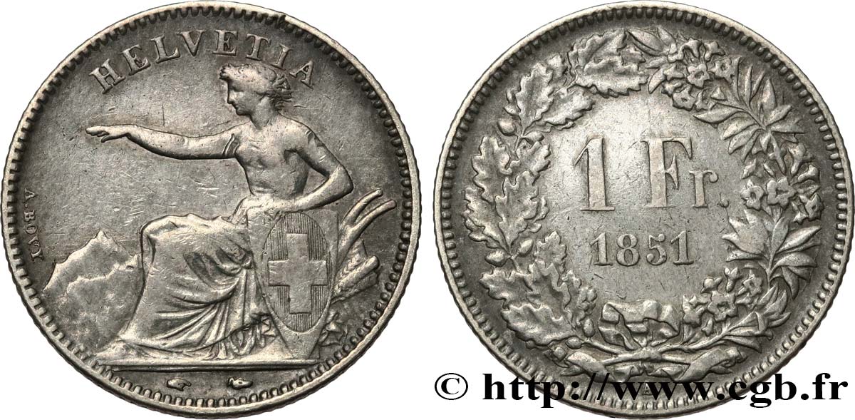 SUIZA 1 Franc Helvetia 1851 Paris BC+ 