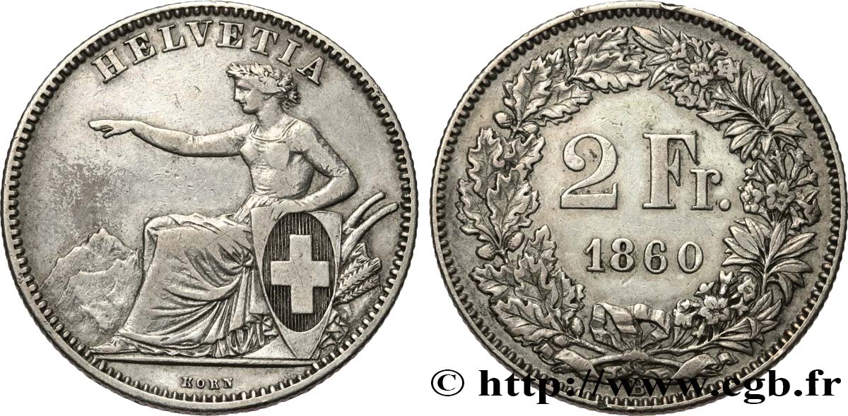 SWITZERLAND 2 Francs Helvetia 1860 Berne XF 