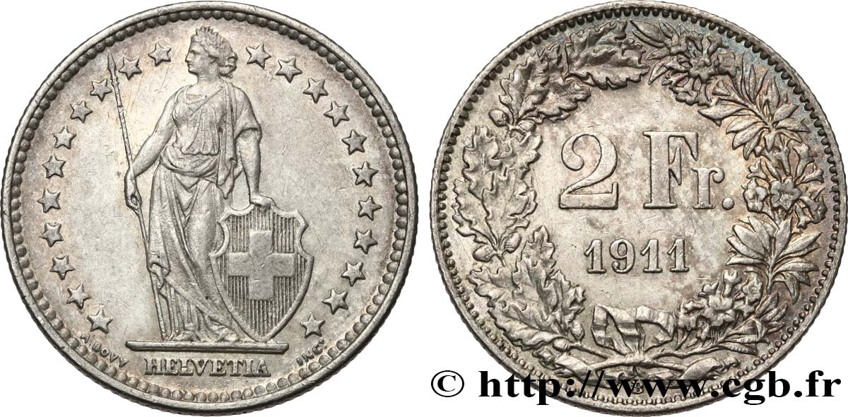 SUISSE 2 Francs Helvetia 1911 Berne - B TTB+ 