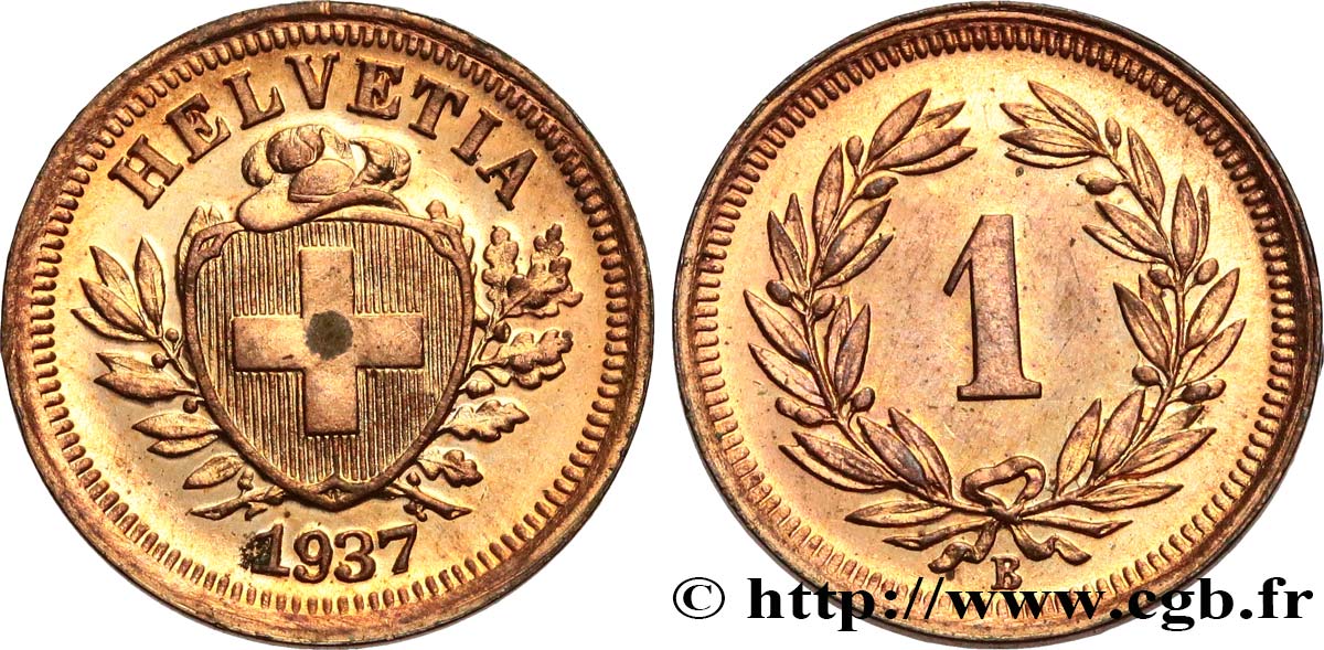 SUISSE 1 Centime (Rappen) Croix Suisse 1937 Berne SPL 