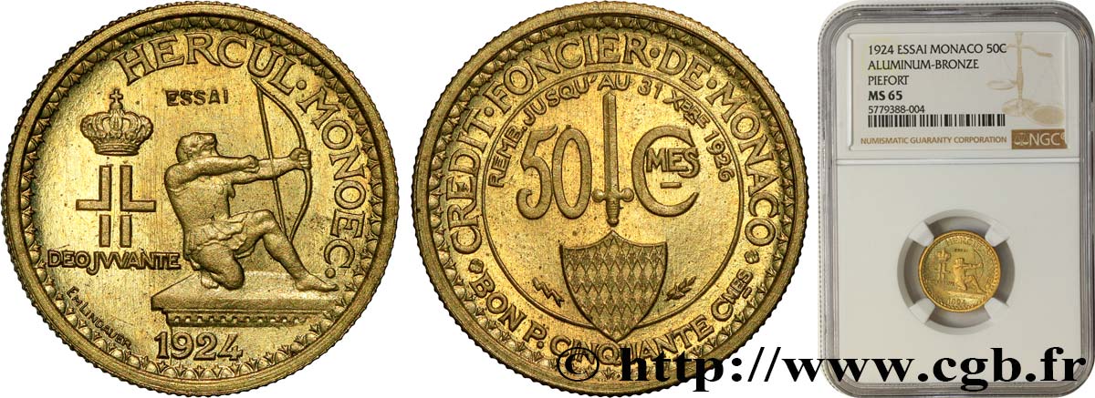 MONACO - PRINCIPALITY OF MONACO - LOUIS II Piéfort - Essai de 50 centimes 1924 Poissy MS65 NGC