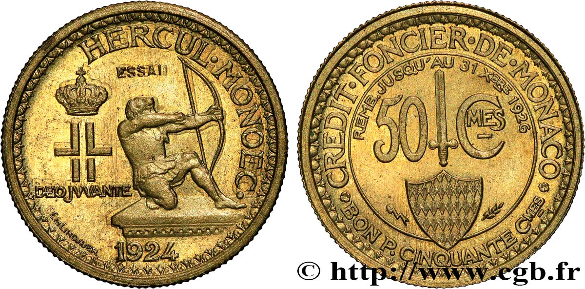MONACO - LOUIS II Piéfort - Essai de 50 centimes 1924 Poissy MS 