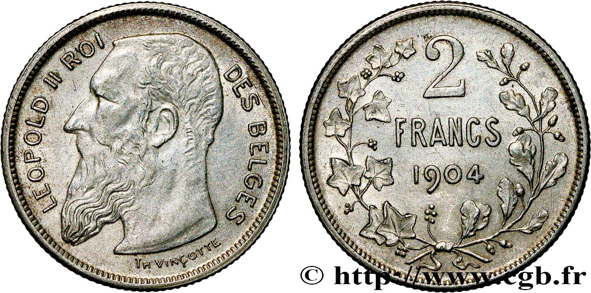 BELGIUM 2 Francs Léopold II légende française 1904  AU 