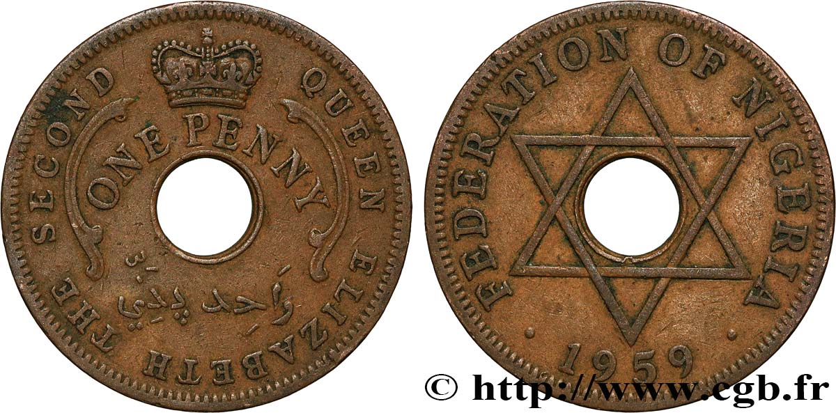 NIGERIA 1 Penny Fédération du Nigeria frappe au nom d’Elisabeth II 1959 Londres AU 