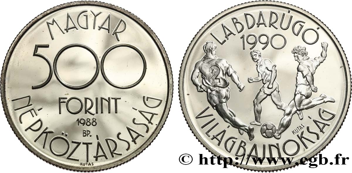 UNGARN 500 Forint Proof Coupe du Monde de football en Italie 1990 1988 Budapest fST 