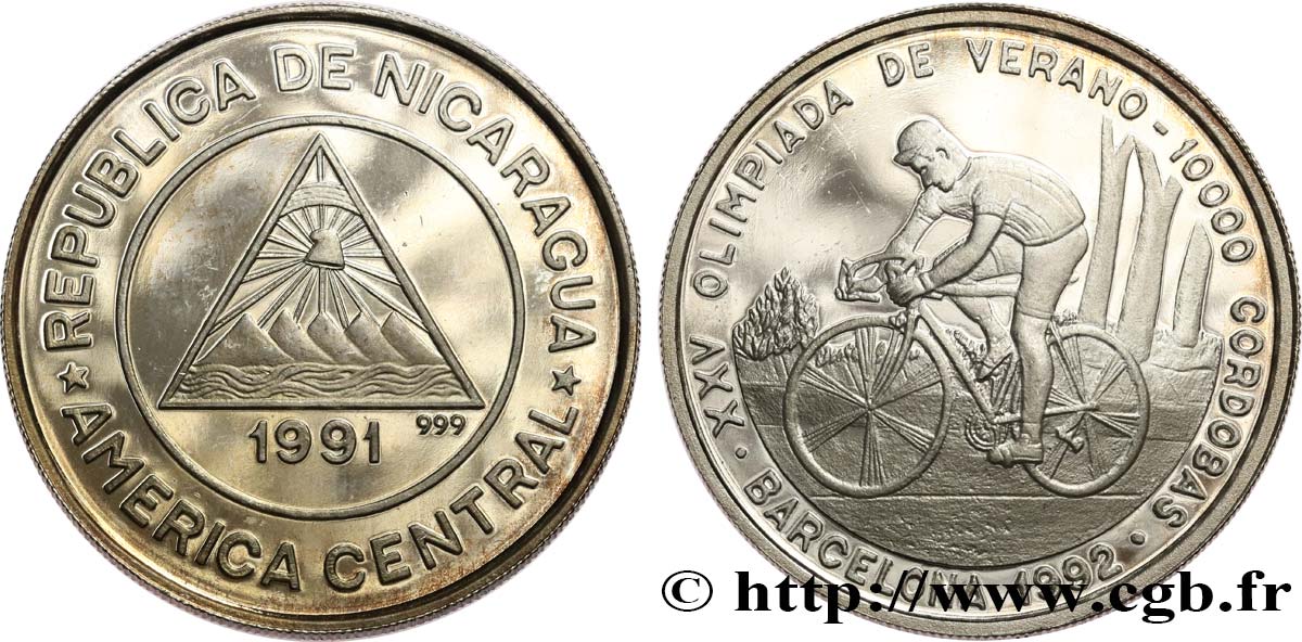 NICARAGUA 10 Cordobas Proof Jeux Olympiques de Barcelone 1992 cyclisme 1991  MS 