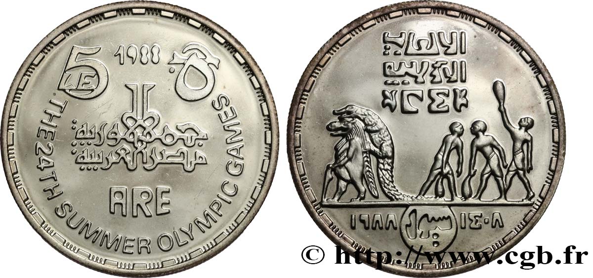 ÄGYPTEN 5 Pounds (Livres) Proof XVe Jeux Olympiques d’été de Séoul AH 1408 1988  fST 