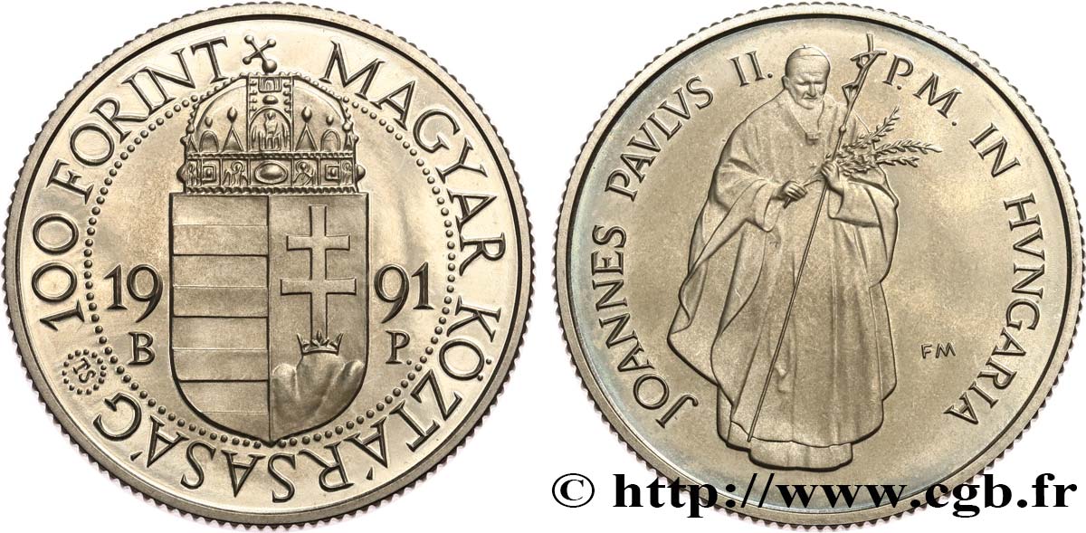 HONGRIE 100 Forint Proof Visite du pape Jean-Paul II 1990 Budapest SPL 