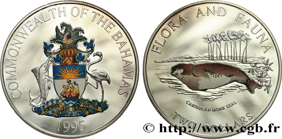 BAHAMAS 2 Dollars Proof phoque moine 1995 Franklin Mint SC 