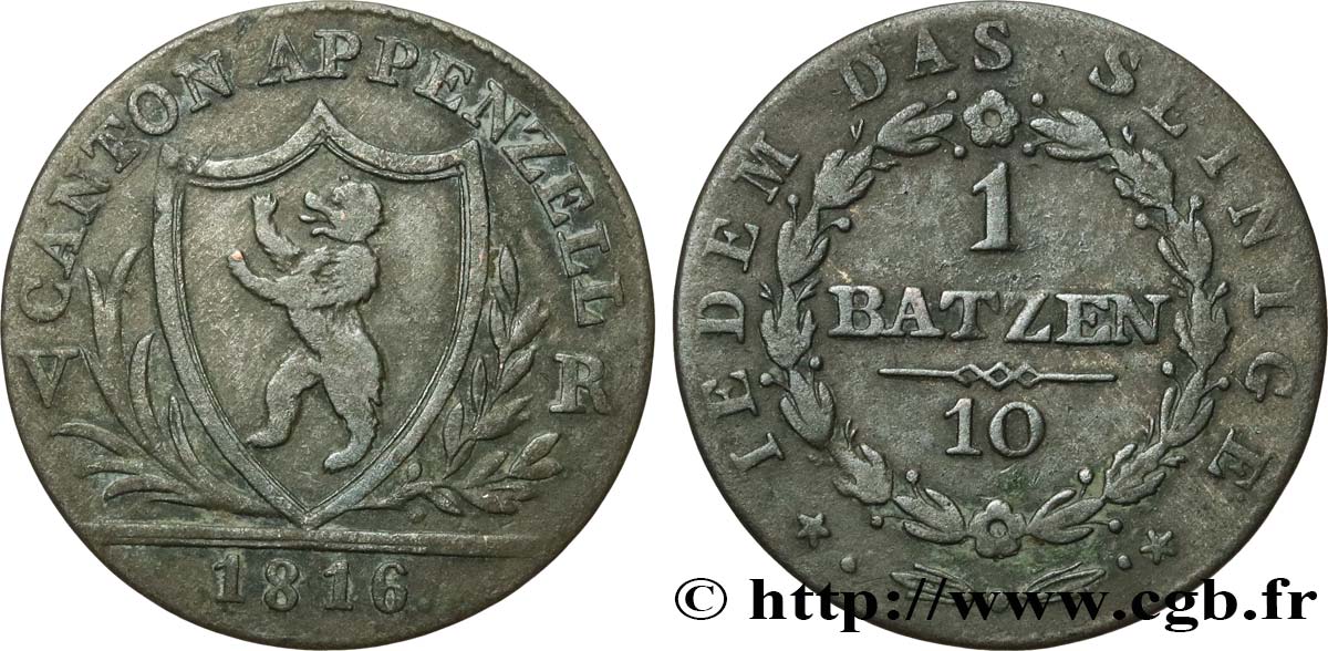 SUISSE - CANTON D APPENZELL 1 Batzen (10 Rappen) 1816  BC+ 