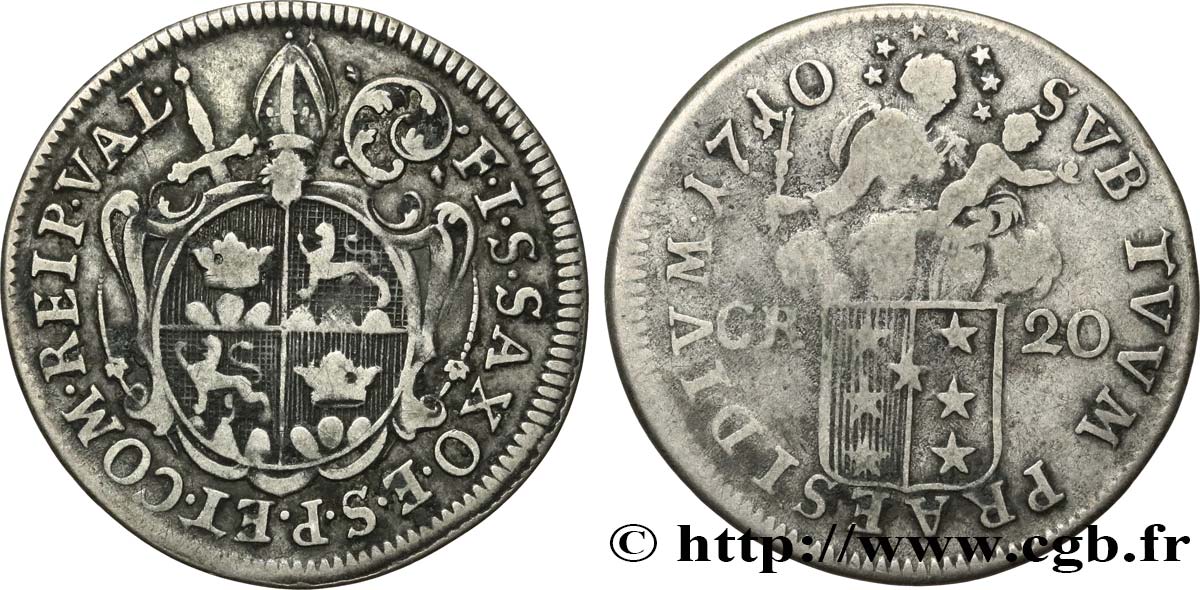 SWITZERLAND - CANTON OF VALAIS 20 Kreuzer Batzen canton du Valais (Sitten) frappe au nom de l’évêque François-Joseph Supersaxo 1710  VF 