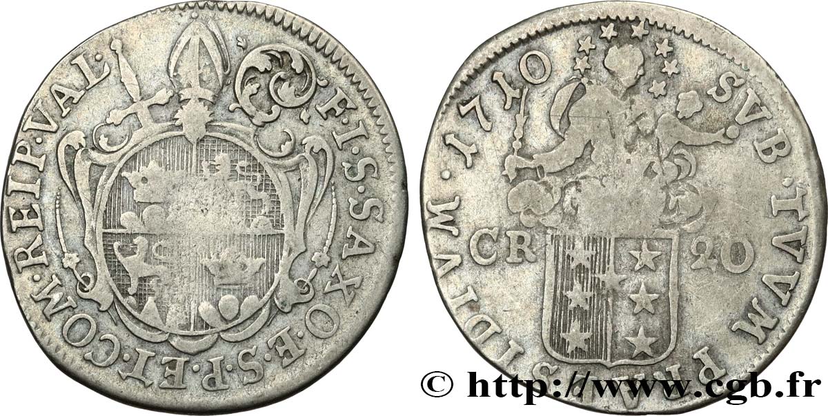 SWITZERLAND - CANTON OF VALAIS 20 Kreuzer Batzen canton du Valais (Sitten) frappe au nom de l’évêque François-Joseph Supersaxo 1710  VF 