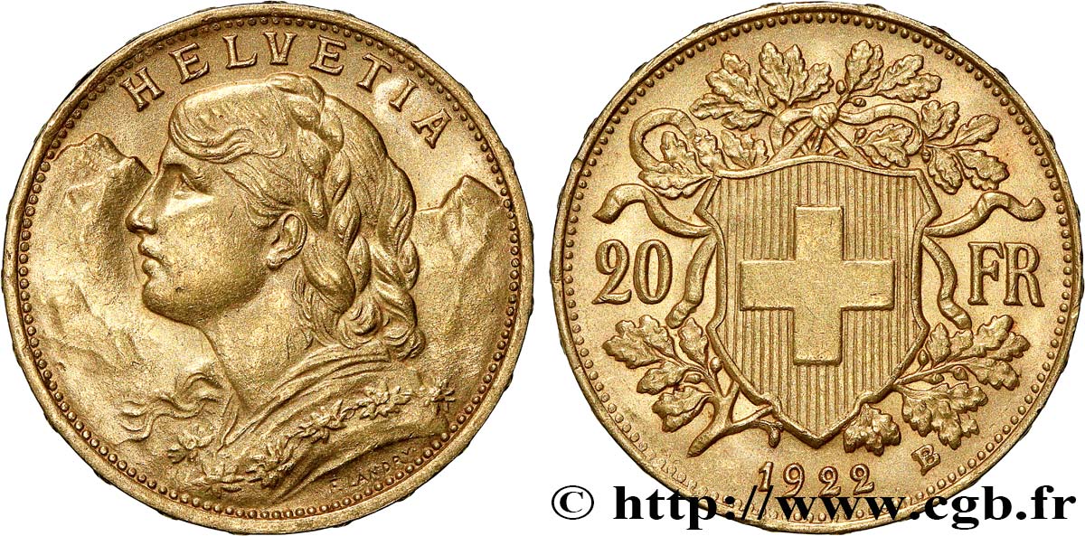 GOLD, PALLADIUM & PLATINUM INVESTMENT 20 Francs  Vreneli   1922 Berne MS 
