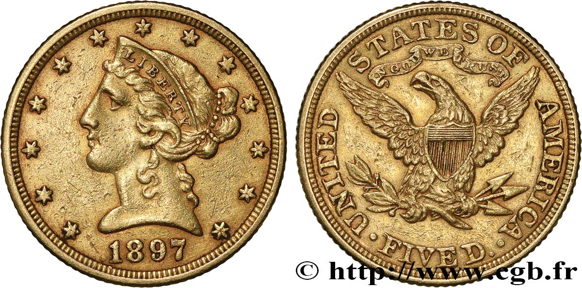 GOLD, PALLADIUM & PLATINUM INVESTMENT 5 Dollars  Liberty  1897 Philadelphie VF 