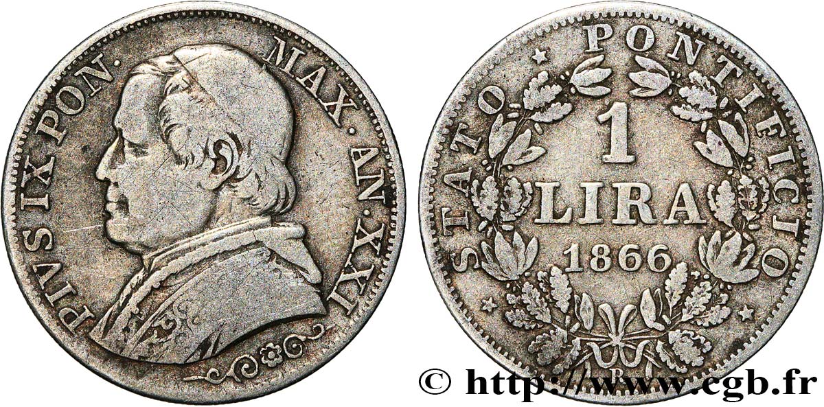 VATICAN AND PAPAL STATES 1 Lira Pie IX type grand buste an XXI 1866 Rome VF 