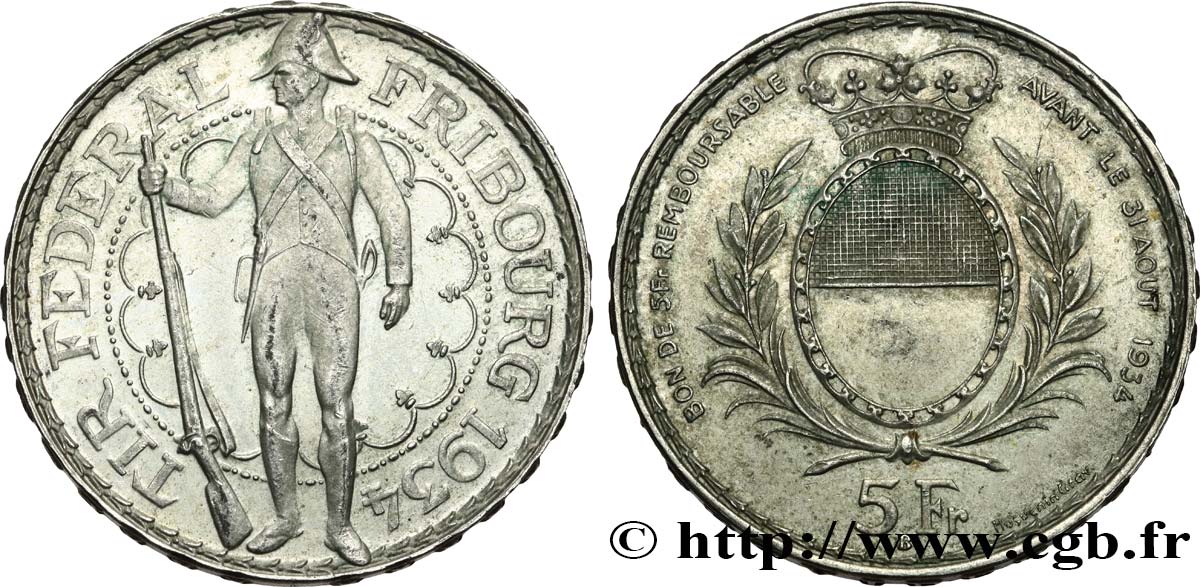 SUISSE 5 Francs, monnaie de Tir, Fribourg 1934 Le Locle TTB 