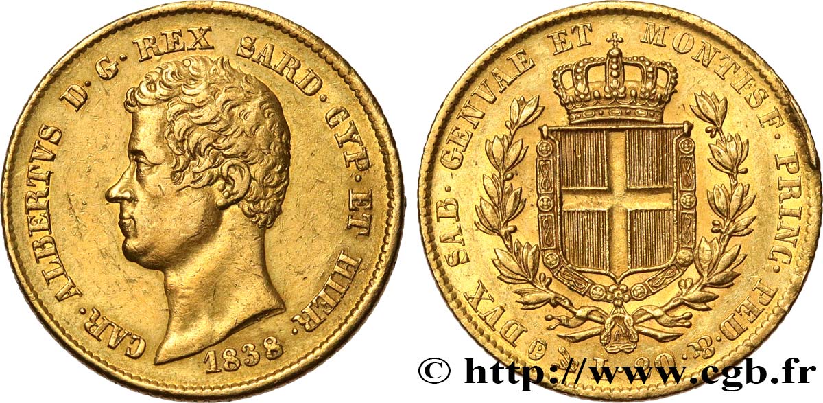 ITALY - KINGDOM OF SARDINIA 20 Lire Charles-Albert 1838 Gênes AU/AU 