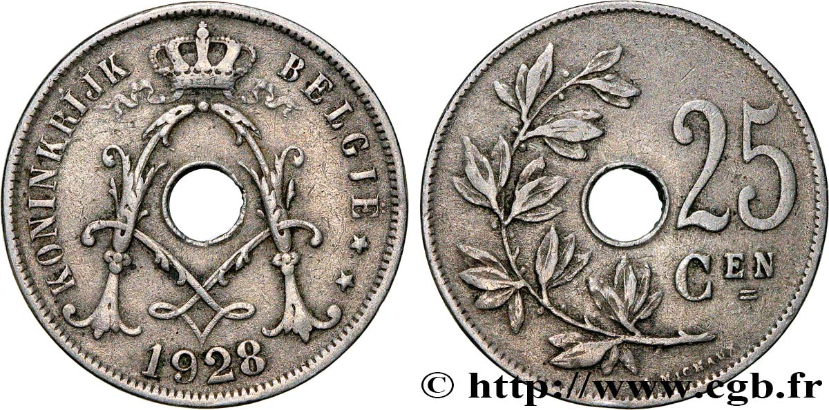 BELGIUM 25 Centiemen (Centimes) 1928  XF 