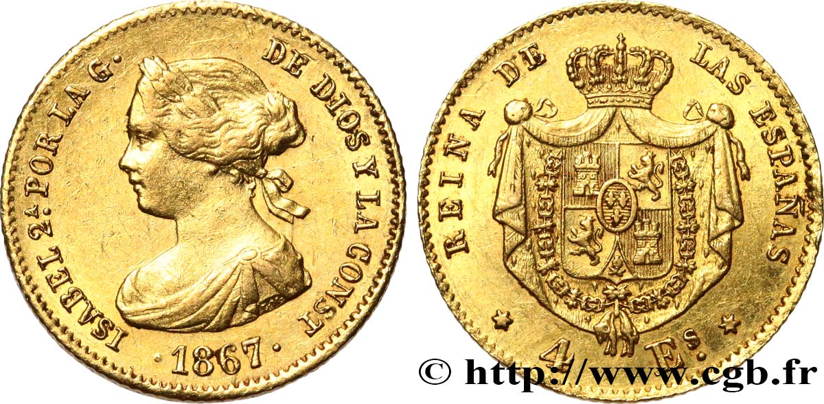 ESPAGNE 4 Escudos Isabelle II 1867 Madrid TTB+ 
