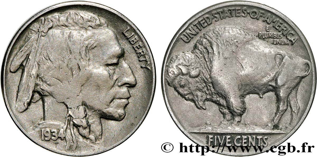 UNITED STATES OF AMERICA 5 Cents Tête d’indien ou Buffalo 1934 Philadelphie XF 