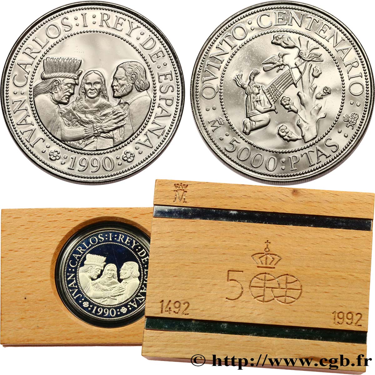 ESPAGNE 5000 Pesetas Proof 500 ans de la découverte des Amériques 1990 Madrid FDC 