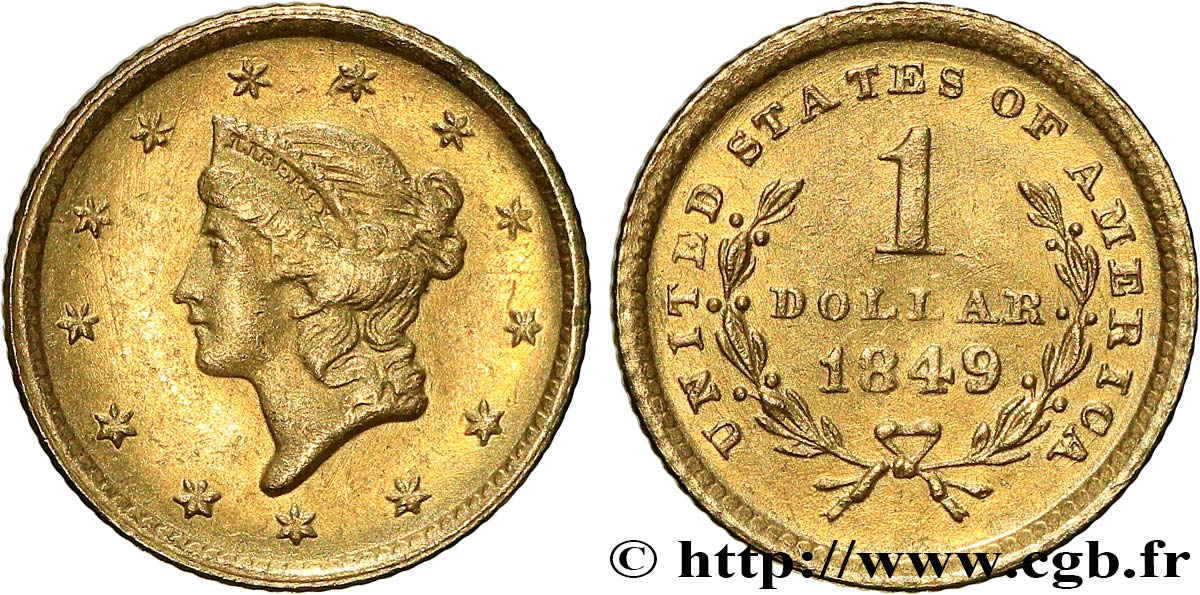 UNITED STATES OF AMERICA 1 Dollar Or  Liberty head , 1er type 1849 Philadelphie AU 