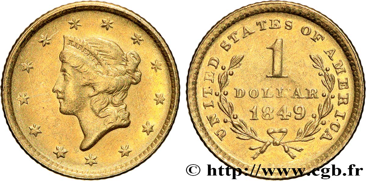 VEREINIGTE STAATEN VON AMERIKA 1 Dollar Or  Liberty head , 1er type 1849 Philadelphie fVZ 
