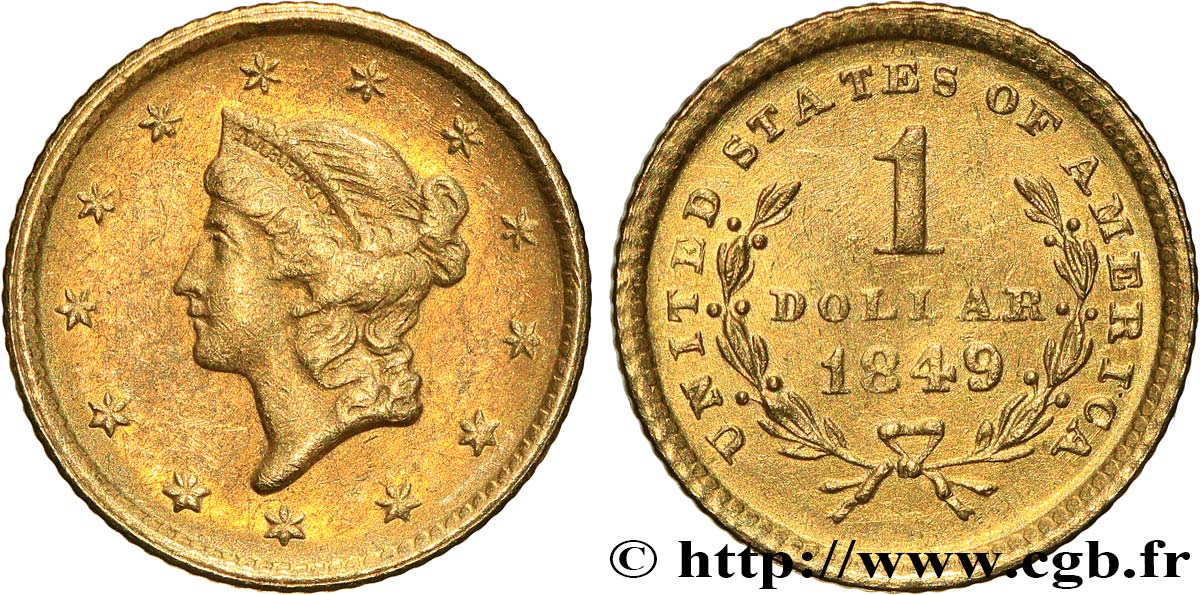 ESTADOS UNIDOS DE AMÉRICA 1 Dollar Or  Liberty head , 1er type 1849 Philadelphie MBC 
