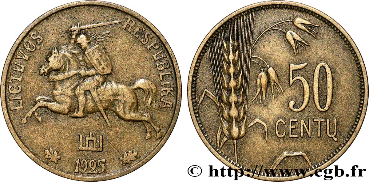LITHUANIA 50 Centu chevalier Vitis 1925  XF 
