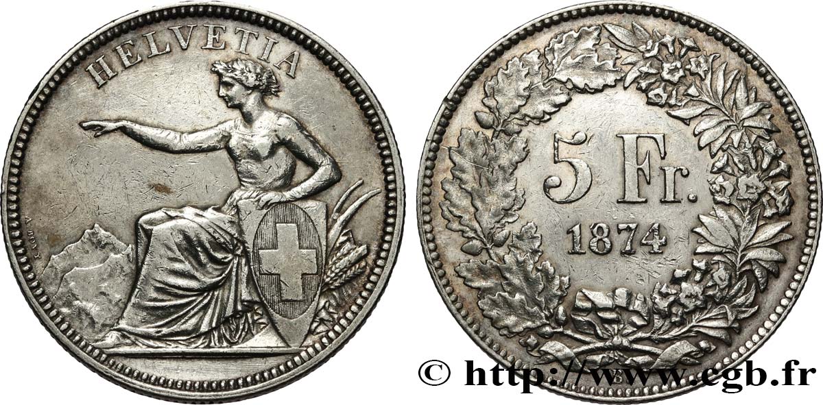 SUISSE 5 Francs Helvetia assise 1874 Bruxelles TTB 