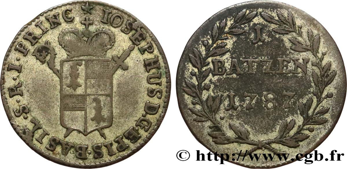 SWITZERLAND -  BISHOPRIC OF BASEL 1 Batzen Joseph Sigisond von Roggenbach 1787  XF 