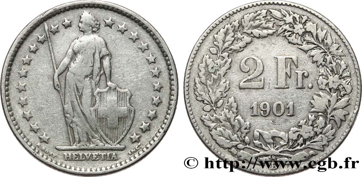 SUIZA 2 Francs Helvetia 1901 Berne - B BC 