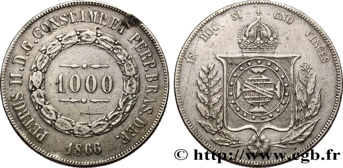 BRÉSIL 1000 Reis Empereur Pierre II 1866  TTB+ 