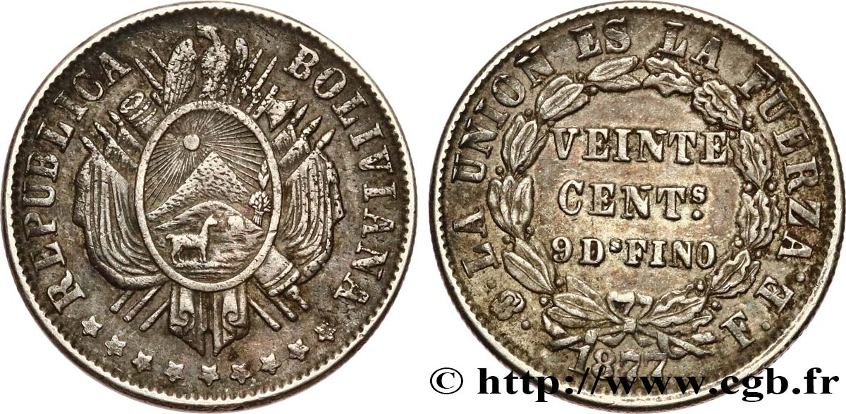 BOLIVIA 20 Centavos 1877 Potosi AU 