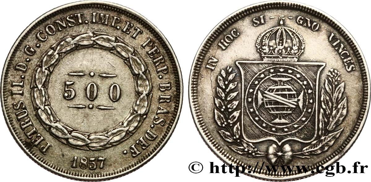 BRAZIL 500 Reis Pierre II 1857  AU 