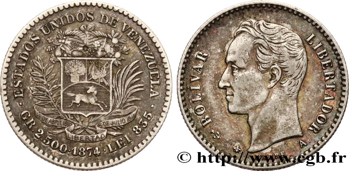 VENEZUELA 10 centavos Simon Bolivar 1874 Paris XF 