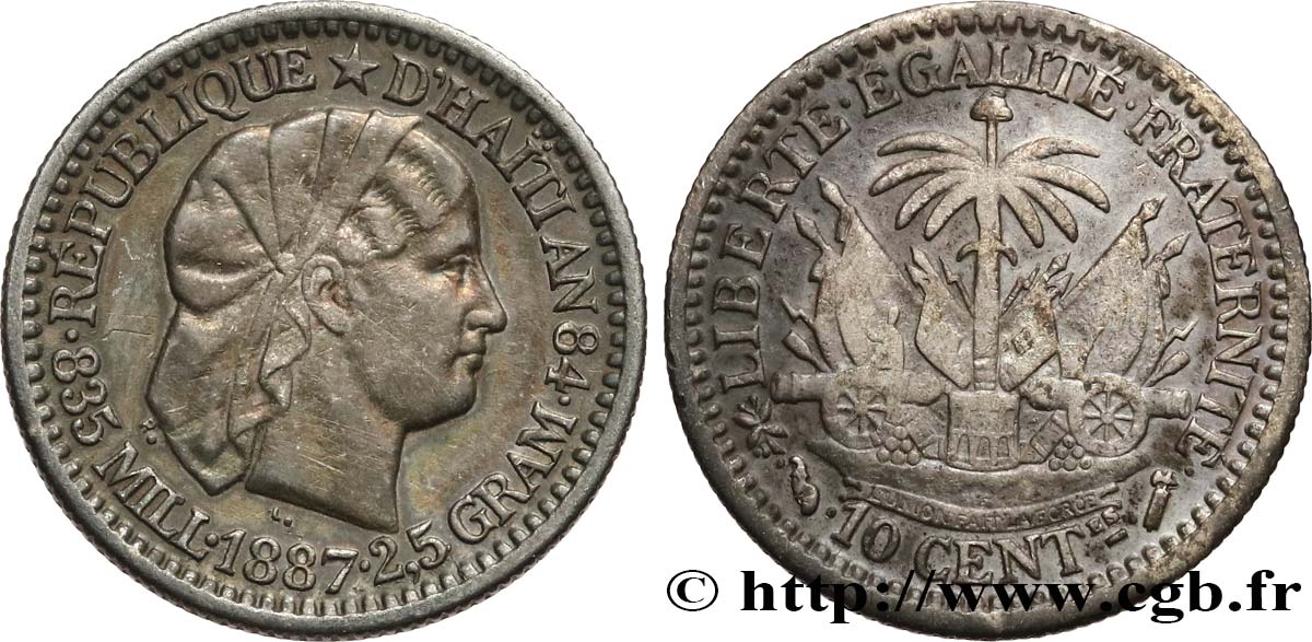 HAÏTI 10 Centimes emblème “Liberté créole” de Roty 1887 Paris TTB+ 