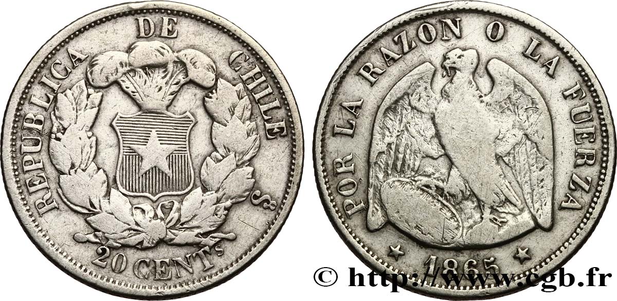 CHILE 20 Centavos condor 1865 Santiago - S° XF 